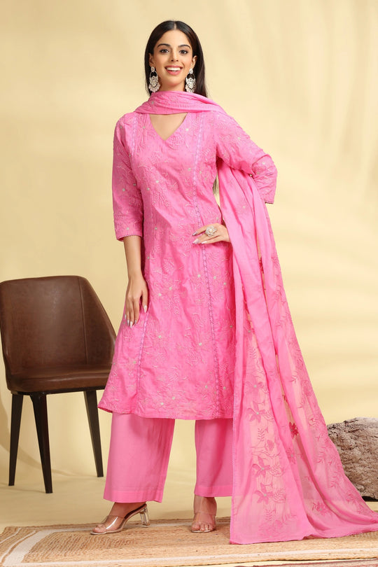 Baby Pink Embroidered Jacquard Cotton Straight Kurta Pant Dupatta Suit Set for women
