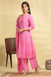 Baby Pink Embroidered Jacquard Cotton Straight Kurta Pant Dupatta Suit Set for women