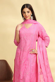 Baby Pink Embroidered Jacquard Cotton Straight Kurta Pant Dupatta Suit Set for women