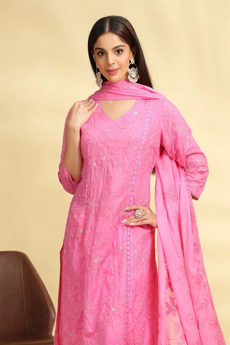 Baby Pink Embroidered Jacquard Cotton Straight Kurta Pant Dupatta Suit Set for women