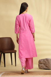 Baby Pink Embroidered Jacquard Cotton Straight Kurta Pant Dupatta Suit Set for women