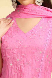 Baby Pink Embroidered Jacquard Cotton Straight Kurta Pant Dupatta Suit Set for women