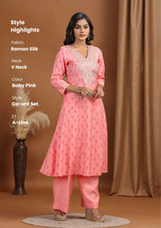 Baby Pink Floral Embroidered A-Line Co-ord Set