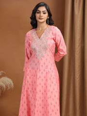 Baby Pink Floral Embroidered A-Line Co-ord Set