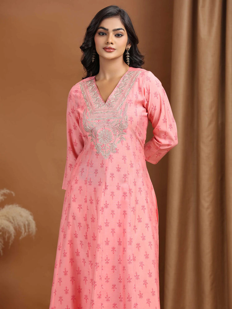 Baby Pink Floral Embroidered A-Line Co-ord Set
