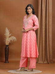 Baby Pink Floral Embroidered A-Line Co-ord Set