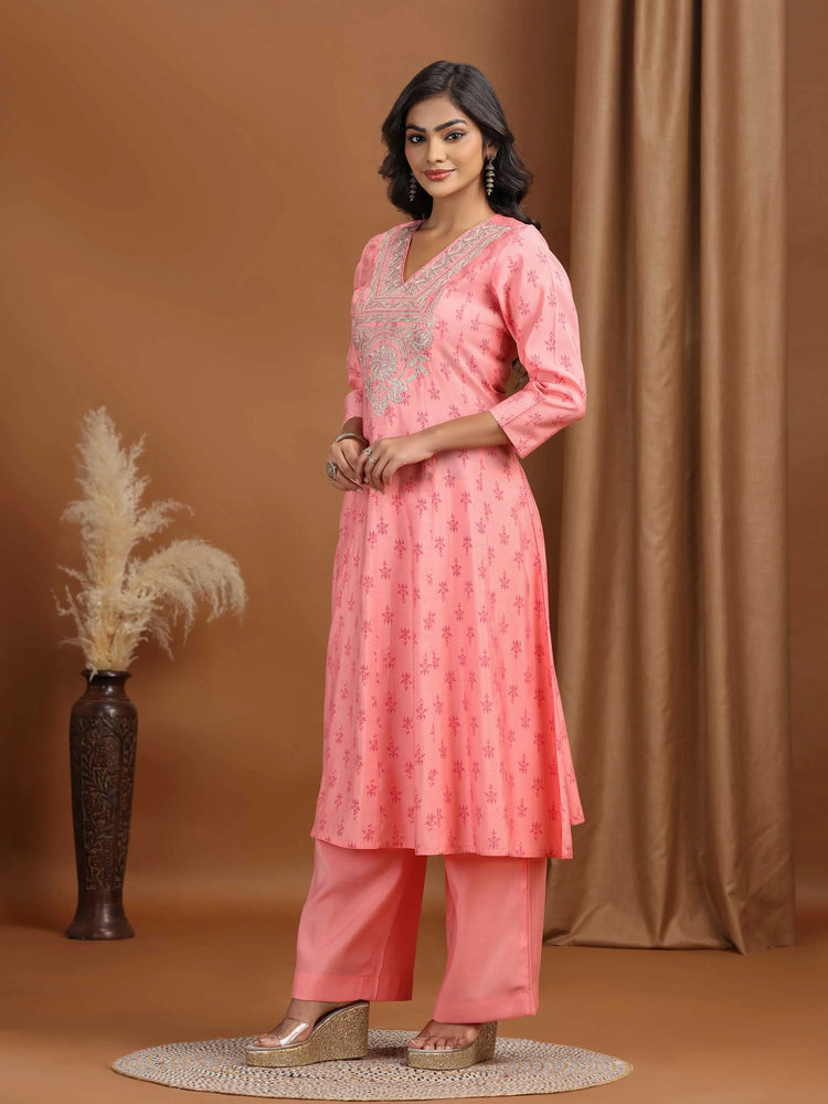 Baby Pink Floral Embroidered A-Line Co-ord Set