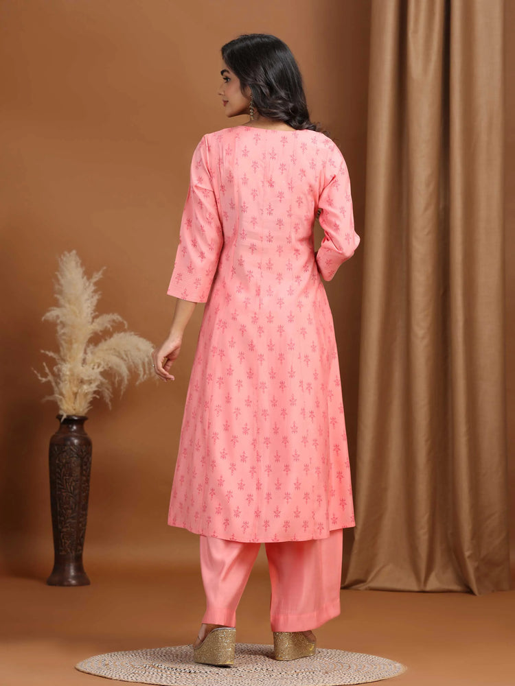 Baby Pink Floral Embroidered A-Line Co-ord Set