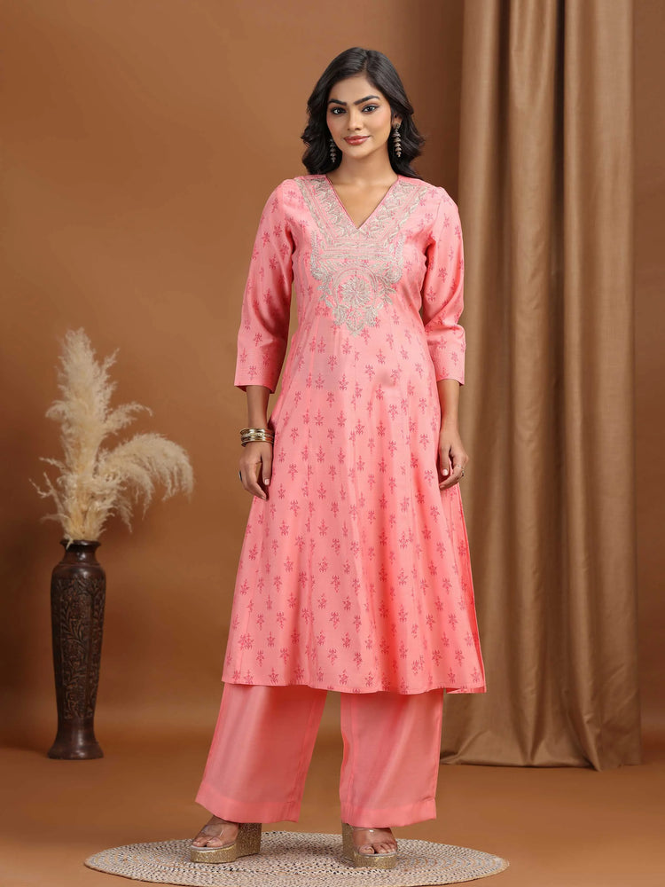 Baby Pink Floral Embroidered A-Line Co-ord Set