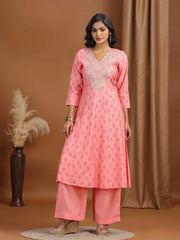 Baby Pink Floral Embroidered A-Line Co-ord Set