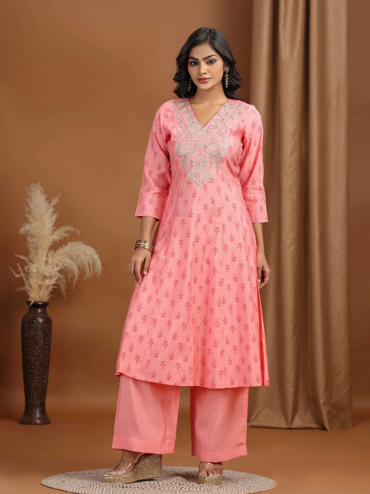 Baby Pink Floral Embroidered A-Line Co-ord Set