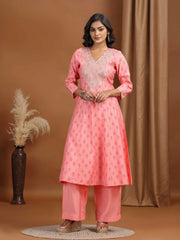 Baby Pink Floral Embroidered A-Line Co-ord Set