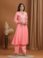 Baby Pink Floral Embroidered A-Line Co-ord Set