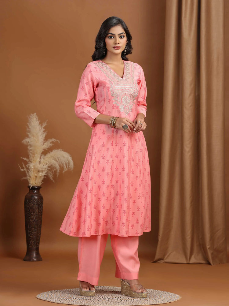 Baby Pink Floral Embroidered A-Line Co-ord Set