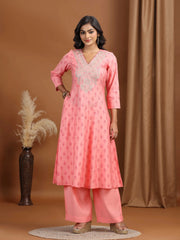 Baby Pink Floral Embroidered A-Line Co-ord Set