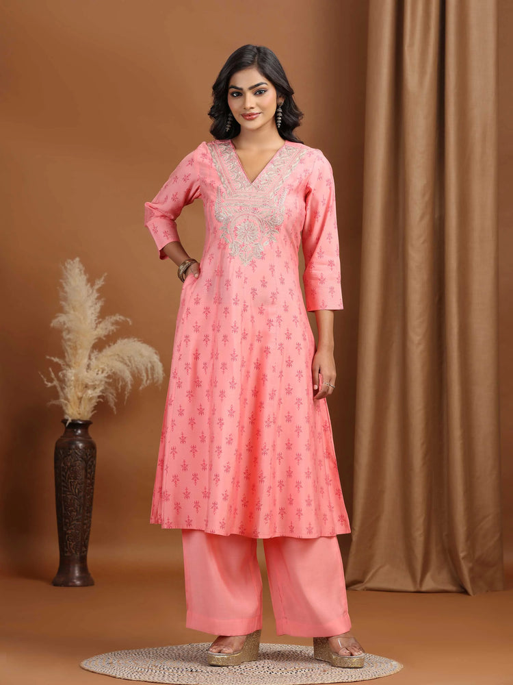 Baby Pink Floral Embroidered A-Line Co-ord Set
