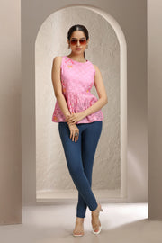 Baby Pink Jacquard Cotton Printed Short Kurta for women and girls