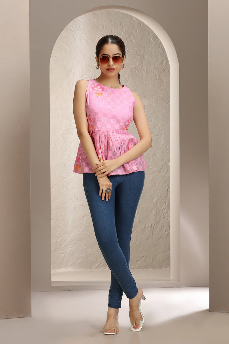 Baby Pink Jacquard Cotton Printed Short Kurta for women and girls