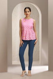 Baby Pink Jacquard Cotton Printed Short Kurta for women and girls