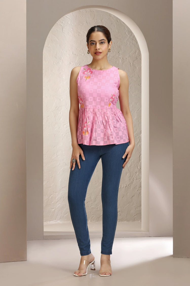 Baby Pink Jacquard Cotton Printed Short Kurta for women and girls