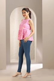 Baby Pink Jacquard Cotton Printed Short Kurta for women and girls