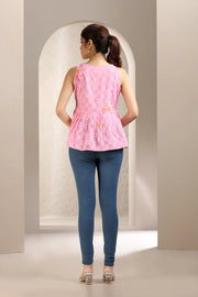 Baby Pink Jacquard Cotton Printed Short Kurta for women and girls