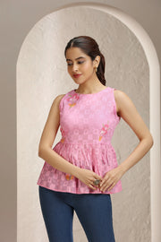 Baby Pink Jacquard Cotton Printed Short Kurta for women and girls