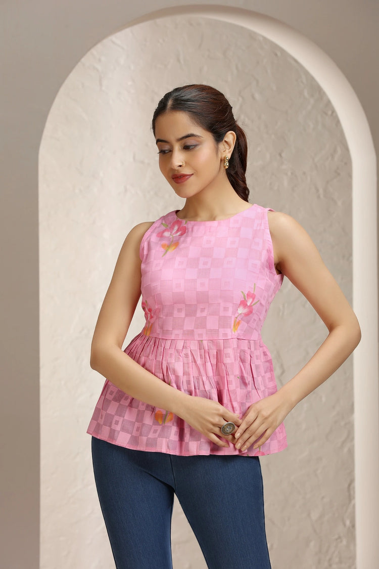 Baby Pink Jacquard Cotton Printed Short Kurta for women and girls