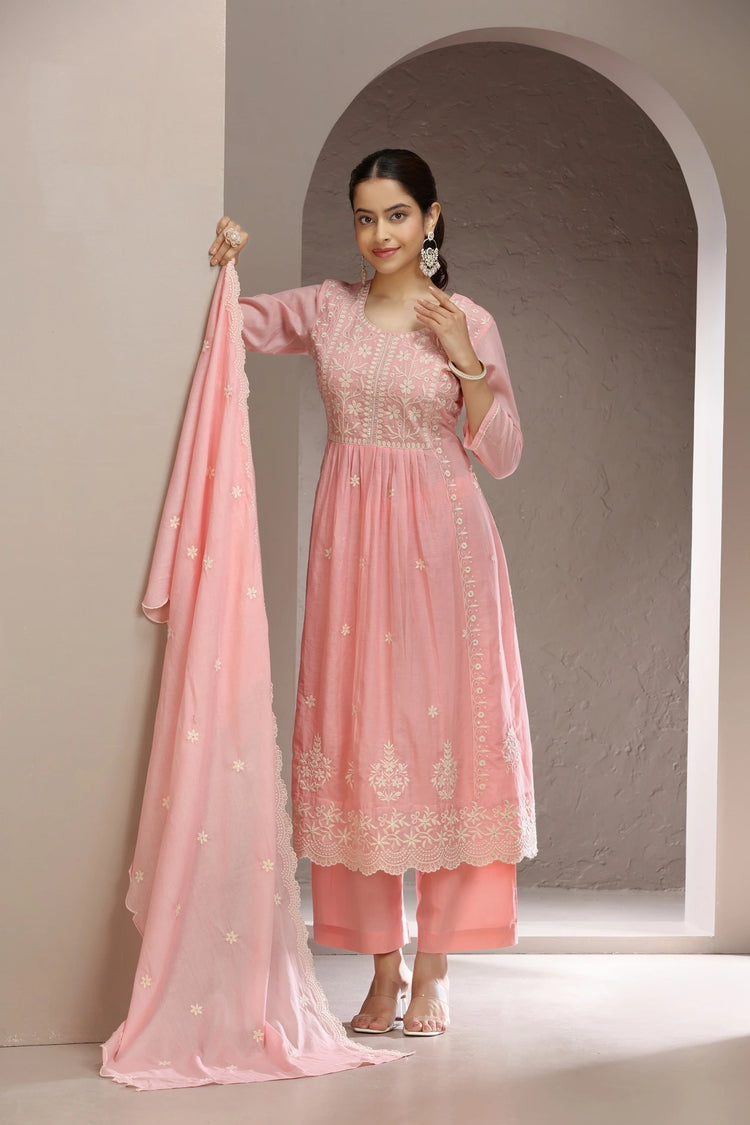 Baby Pink Malmal Cotton Embroidered A Line Kurta Pant & Dupatta Set