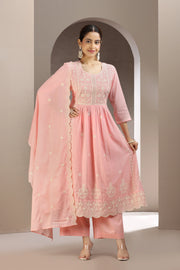 Baby Pink Malmal Cotton Embroidered A Line Kurta Pant & Dupatta Set