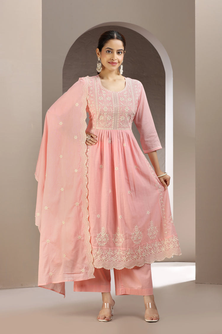 Baby Pink Malmal Cotton Embroidered A Line Kurta Pant & Dupatta Set