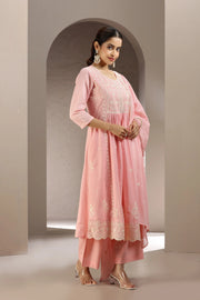 Baby Pink Malmal Cotton Embroidered A Line Kurta Pant & Dupatta Set