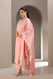 Baby Pink Malmal Cotton Embroidered A Line Kurta Pant & Dupatta Set