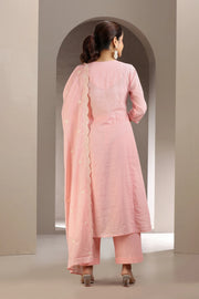 Baby Pink Malmal Cotton Embroidered A Line Kurta Pant & Dupatta Set