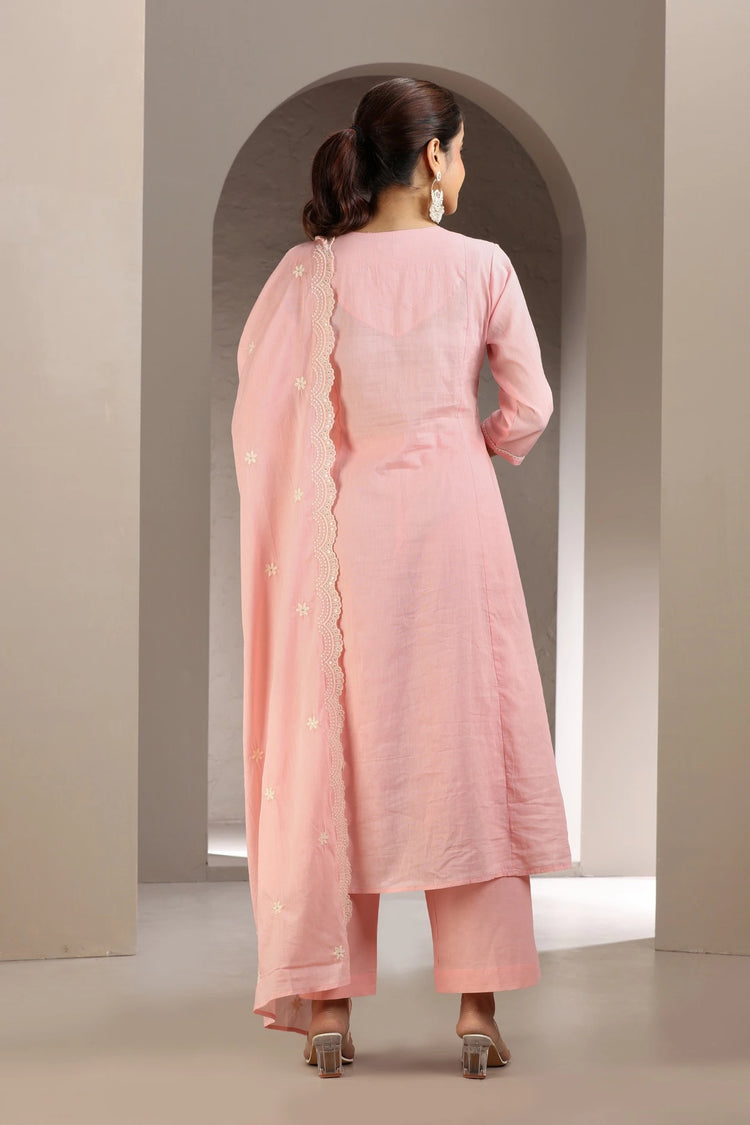 Baby Pink Malmal Cotton Embroidered A Line Kurta Pant & Dupatta Set