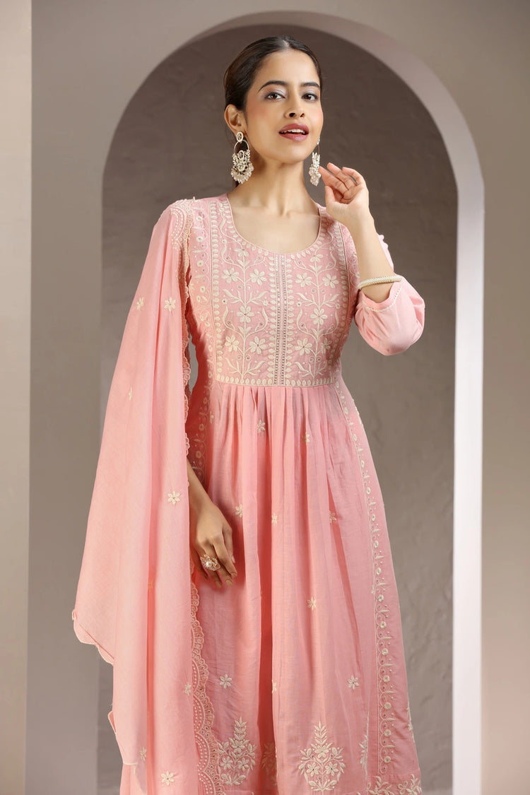 Baby Pink Malmal Cotton Embroidered A Line Kurta Pant & Dupatta Set