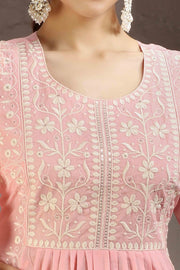 Baby Pink Malmal Cotton Embroidered A Line Kurta Pant & Dupatta Set