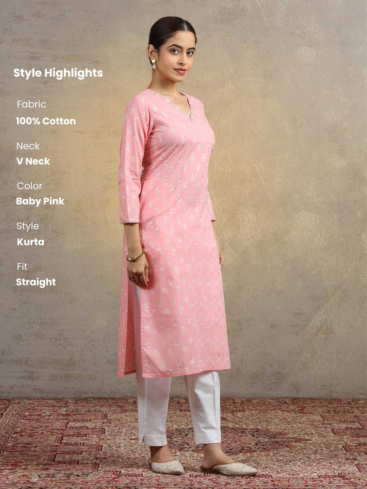 Baby Pink Pure Cotton Embroidered Bootis Straight Kurta