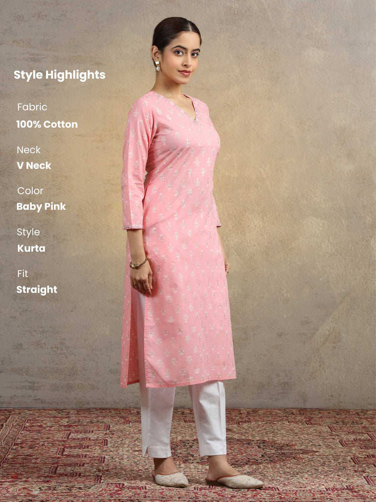 Baby Pink Pure Cotton Embroidered Bootis Straight Kurta