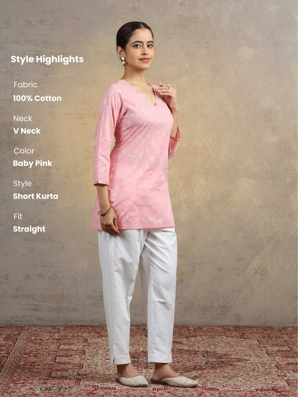 Baby Pink Pure Cotton Embroidered Bootis Straight Short Kurti
