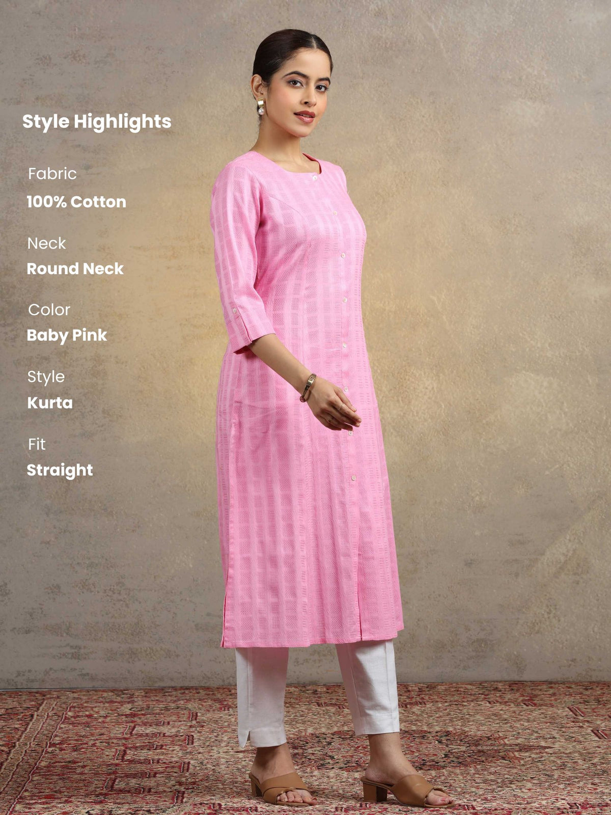 Baby Pink Pure Cotton Straight Kurta