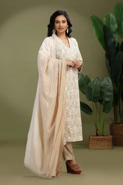 Beige Chanderi Embroidered A Line Kurta Pant and Dupatta Suit Set