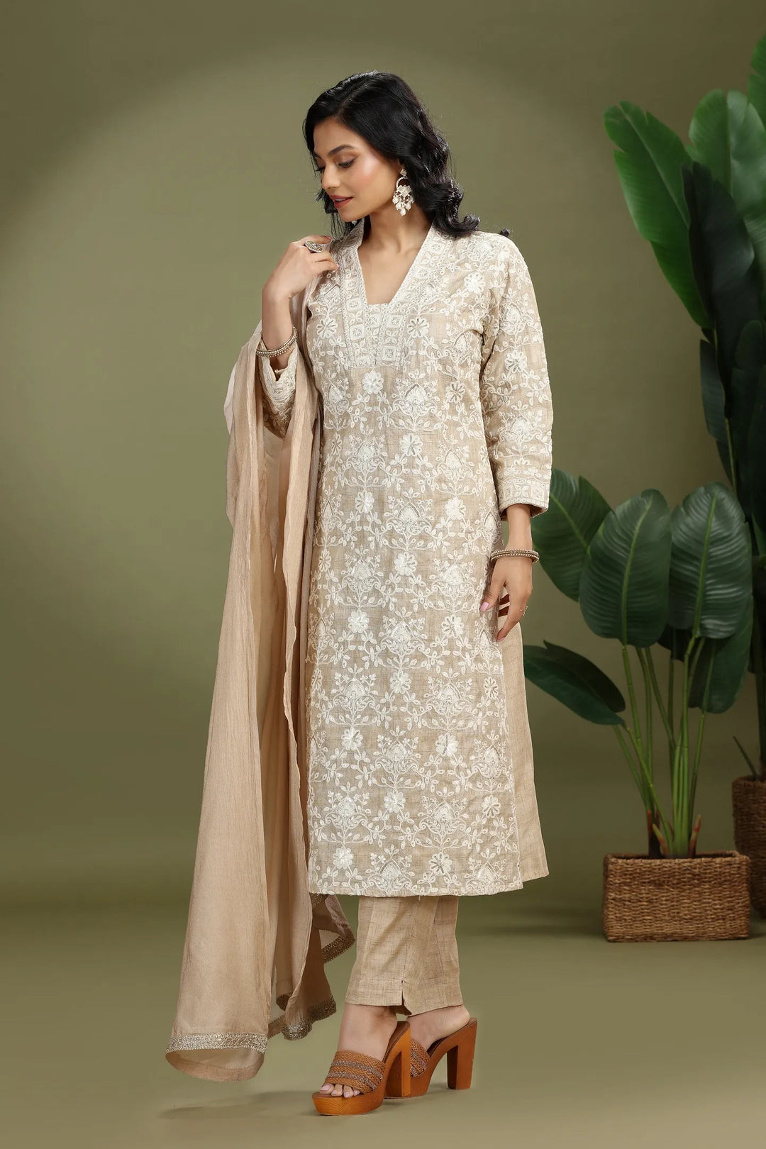 Beige Chanderi Embroidered A Line Kurta Pant and Dupatta Suit Set