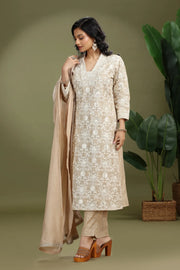 Beige Chanderi Embroidered A Line Kurta Pant and Dupatta Suit Set