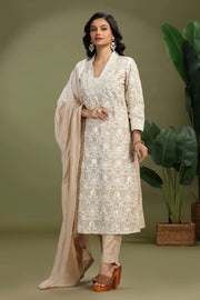 Beige Chanderi Embroidered A Line Kurta Pant and Dupatta Suit Set