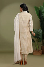 Beige Chanderi Embroidered A Line Kurta Pant and Dupatta Suit Set