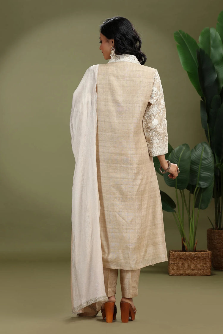 Beige Chanderi Embroidered A Line Kurta Pant and Dupatta Suit Set