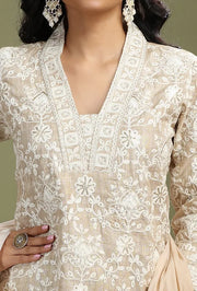 Beige Chanderi Embroidered A Line Kurta Pant and Dupatta Suit Set