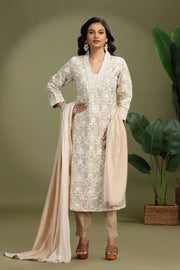 Beige Chanderi Embroidered A Line Kurta Pant and Dupatta Suit Set