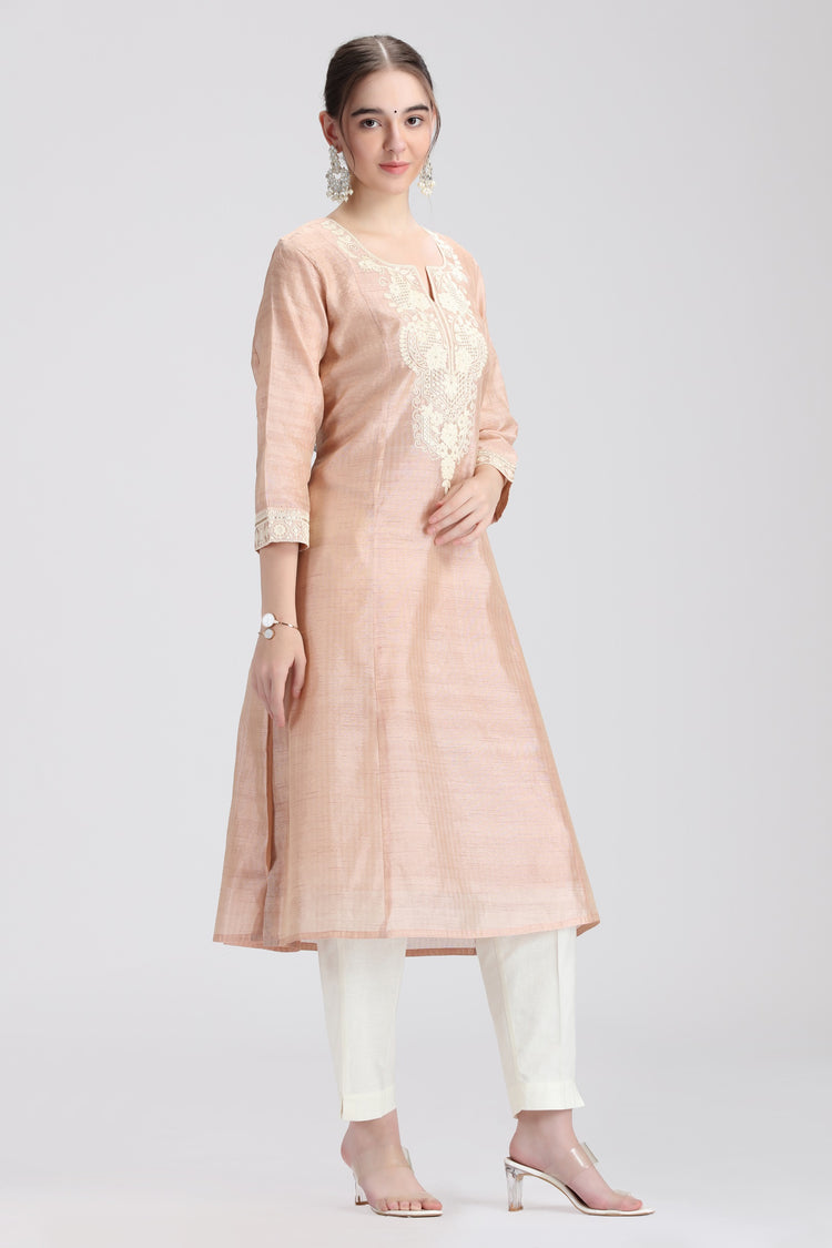 Beige Chanderi Embroidered Straight Kurta